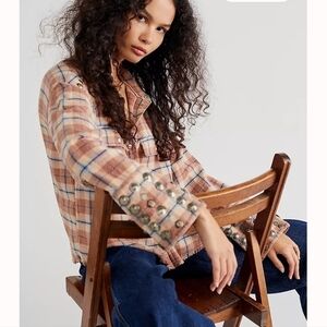 We The Free People Austin Plaid Embellished Studded Flannel Shirt Shacket